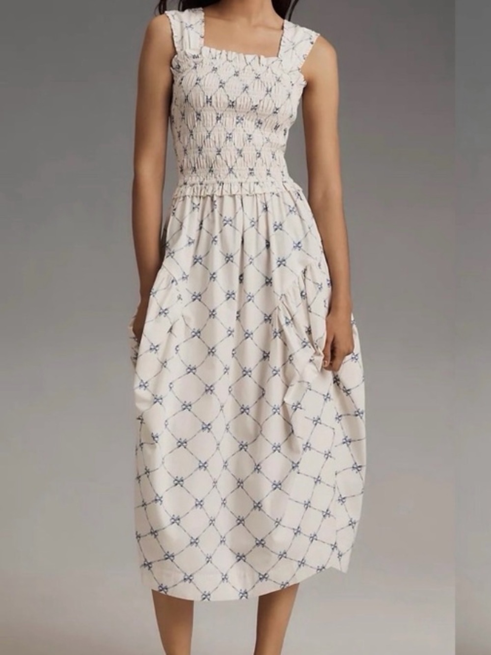 Smocked Square-Neck Midi Dress in Cream with Blue Bows